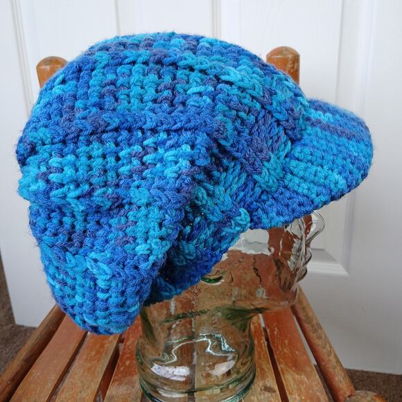 Blue Macaw Slouchy with a Brim OSFM crochet newsboy slouch hat premade - Picture 4 of 7